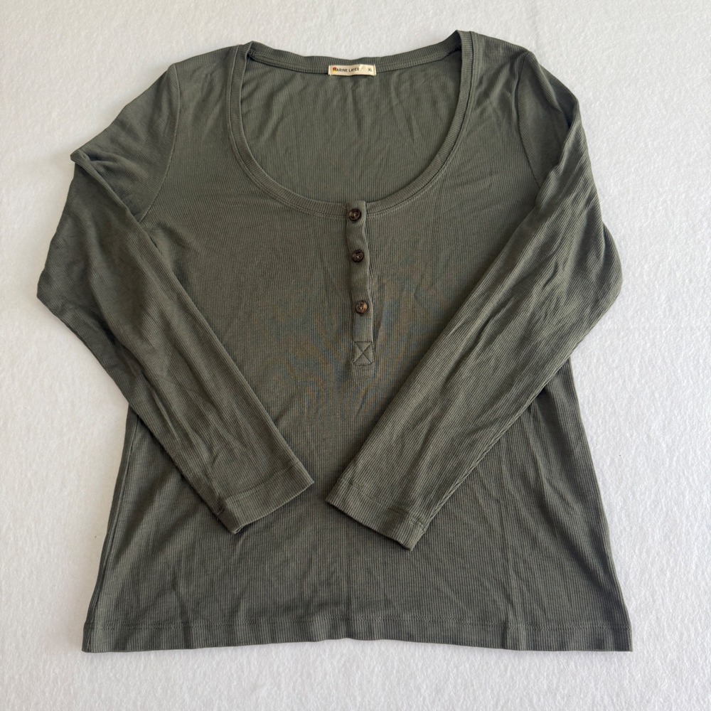Marine Layer Henley Top Womens XL Olive Green Ribbed Long Sleeve Scoop Neck